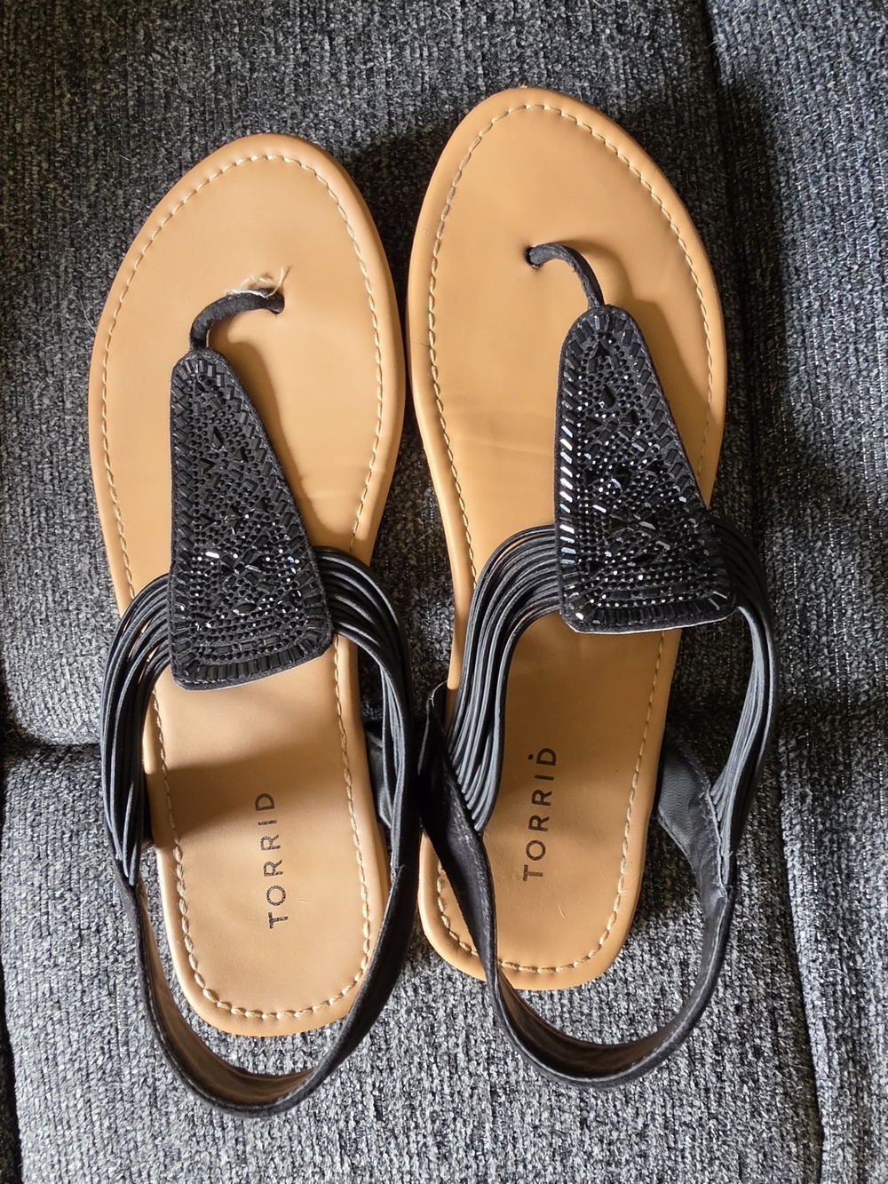 torrid Black Beaded T-Strap Sandals with Tan Footbed